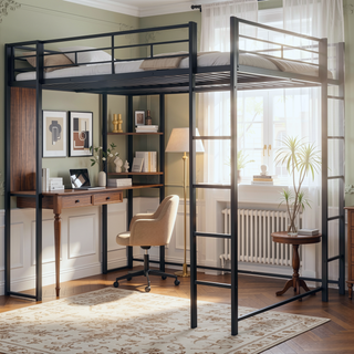 Sunvega Full Size Metal Loft Bed with Desk and 2 Shelves White
