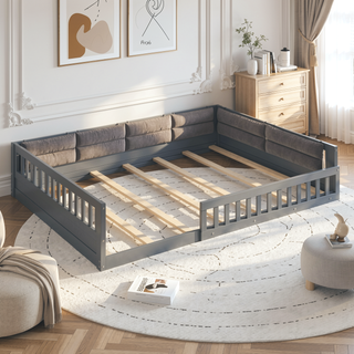 Sunvega Beige Full Size Upholstered Wood Platform Bed with Guardrail and Pillow