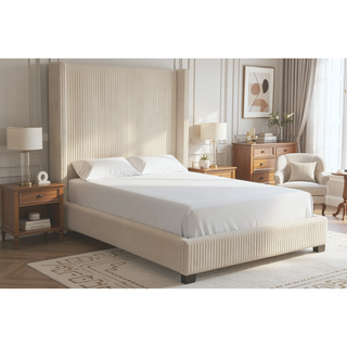 Sunvega Queen Upholstered Pleated Bed in a Box with Sturdy Dark Brown Frame