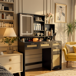 Sunvega Makeup Vanity with 3 Color Lights Openable Mirror 4 Drawers Rattan Dresser