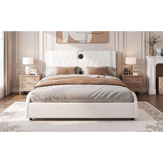 Sunvega Queen Size Faux Leather Platform Bed with RGB LED Lights Bluetooth Speakers