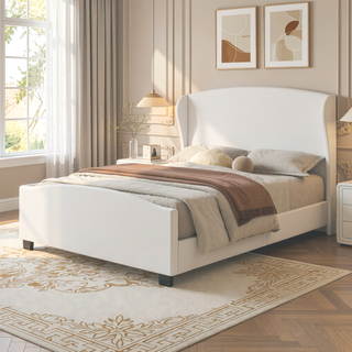 Sunvega Queen Size Linen Upholstered Wingback Bed with 51" High Headboard No Box Spring Needed