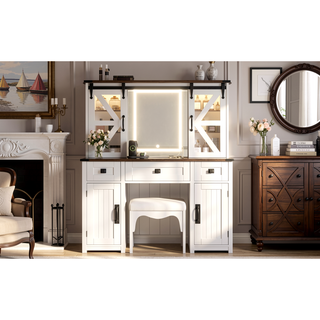 Sunvega Makeup Vanity with Sliding Mirror, LED Lights, Storage Stool, and Charging Station