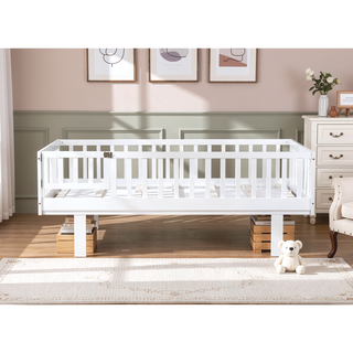 Sunvega Natural Rubber Wood Twin Size Floor Bed with Safety Guardrails and Door