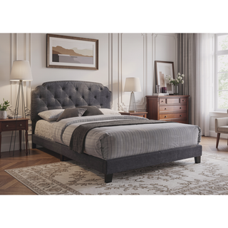 Sunvega Gray Fabric Queen Bed with Elegant Arched Headboard and Low-Profile Footboard