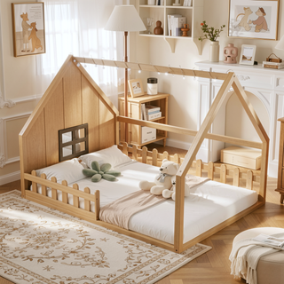 Sunvega Full Size Wood House Bed with Fence Window and LED Lights