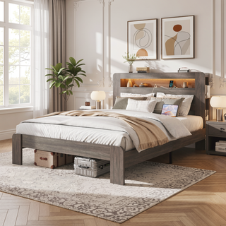 Sunvega Full Size Wood Platform Bed Frame with Storage LED Headboard and USB Charging Station