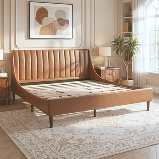 Sunvega Handmade Vertical Tufted Headboard Platform Bed Set in Light Beige Linen