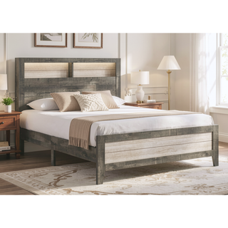Sunvega King Size Platform Storage Bed with Plank-style Headboard and Built-in Lighting