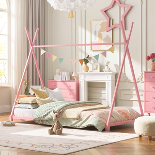 Sunvega Pink Twin Size House Platform Bed with Sturdy Triangle Structure