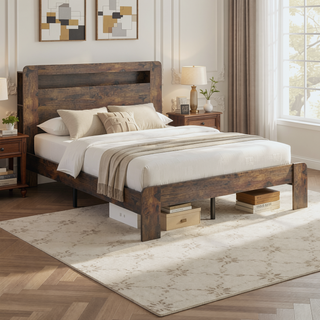 Sunvega Queen Bed Frame with Storage Headboard USB Ports and Vintage Shelf Design