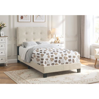 Sunvega Twin Size Upholstered Platform Bed Frame with Tufted Backrest in Beige Linen Look