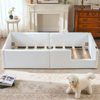 Sunvega Pink Twin Size Upholstered Platform Bed with Guardrail and Charging Station