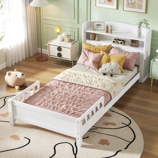 Sunvega Twin Pine Wood Bed with LED Motion Sensor Light and Bookcase Headboard