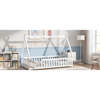 Sunvega Twin Tent Teepee Bed with Guardrails Slats and Door in Grey