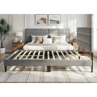 Sunvega Queen Upholstered Pleated Bed in a Box with Sturdy Dark Brown Frame
