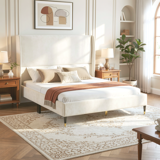 Sunvega King Beige Velvet Wingback Platform Bed with Low Profile Design