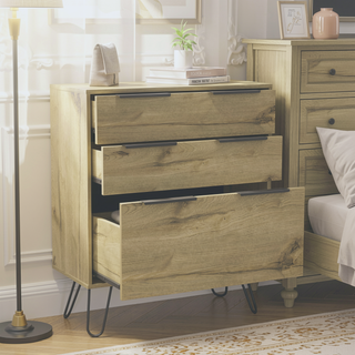 Sunvega Light Oak Dresser with Three Drawers and Hairpin Legs for Bedroom