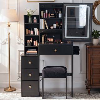 Sunvega Small Size Left Bedside Cabinet Vanity Table with Cushioned Stool and LED Mirror