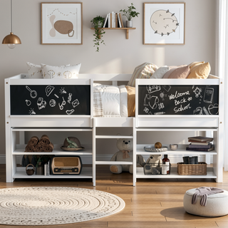 Sunvega Twin Size Low Loft Bed with Movable Shelves Ladder and Decorative Chalkboard Guardrail