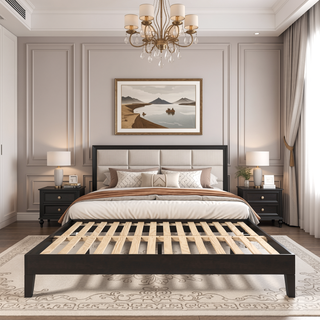 Sunvega Queen Platform Bed in Black Crafted from Solid Pine with Under Bed Storage