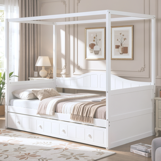Sunvega Modern White Twin Size Canopy Day Bed with Trundle for Space Saving
