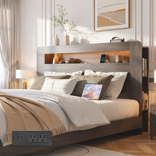 Sunvega Full Size Wood Platform Bed Frame with Storage LED Headboard and USB Charging Station