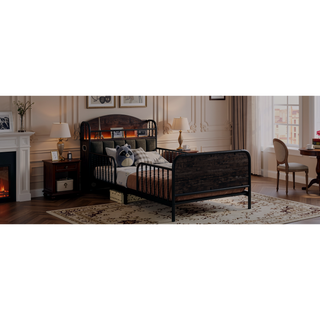 Sunvega Kids Full Metal Bed with Upholstered Headboard LED Lights and Storage