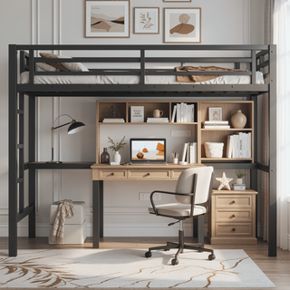 Sunvega Metal Twin XL Loft Bed with Desk, USB, LED Light, and Power Outlet