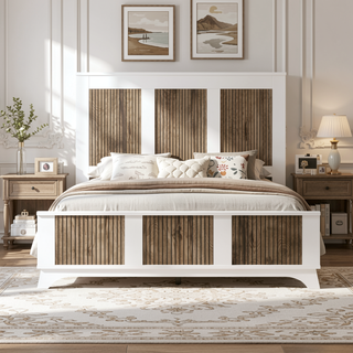 Sunvega White Farmhouse Queen Platform Bed with Wooden Strip Decoration and Plywood Slats