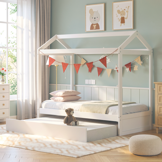 Sunvega White House Bed with Trundle for Two Children to Share Secrets