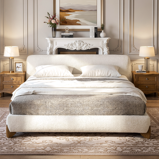 Sunvega Modern Puffy Platform Bed with Arched Headboard in Ivory White Boucle