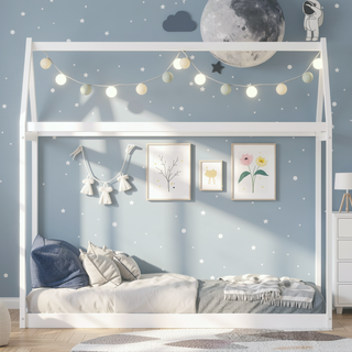 Sunvega Twin Size Gray Wooden House Bed with Eaves Design for Kids Room