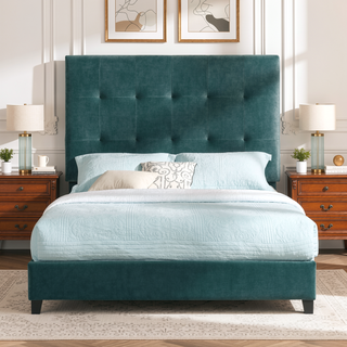 Sunvega Queen Size Green Velvet Tufted Upholstered Platform Bed with Headboard
