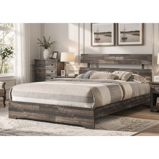 Sunvega Rustic Queen Platform Bed Slat Headboard with Brown Finish Wood Veneers