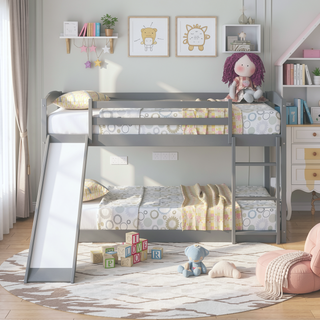 Sunvega Twin over Twin Floor Low Bunk Bed with Ladder for Kids Bedroom