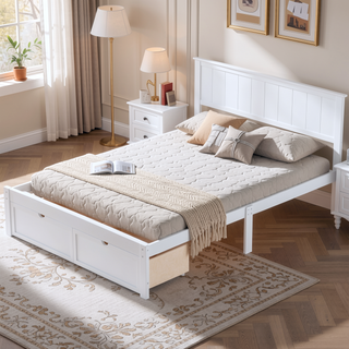 Sunvega White Full Size Pine Wood Platform Bed with Underbed Drawers