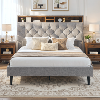 Sunvega Queen Size Upholstered Platform Bed Frame with USB Ports and Storage Headboard