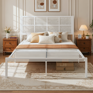 Sunvega White Faux Cane Panel Headboard King Platform Bed with Metal Frame