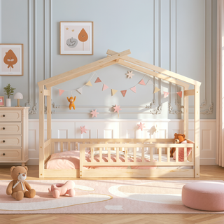 Sunvega Full Size House Bed Frame with Playhouse Fence and Roof for Kids