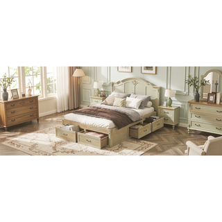 Sunvega Antique Natural Queen Size Platform Bed with 6 Spacious Storage Drawers