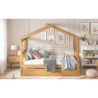 Sunvega Twin Size Wooden House Bed with Drawers and Headboard for Kids Room