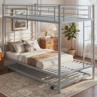 Sunvega Twin over Twin Bunk Bed with Trundle in White for Small Spaces