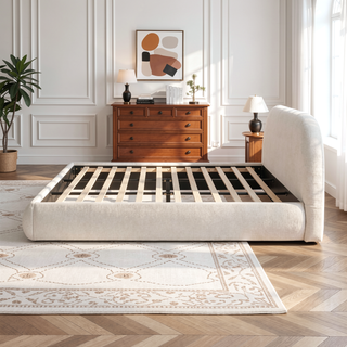 Sunvega Arch Shaped Puffy Upholstered Platform Bed in Oatmeal Light Beige Chenille