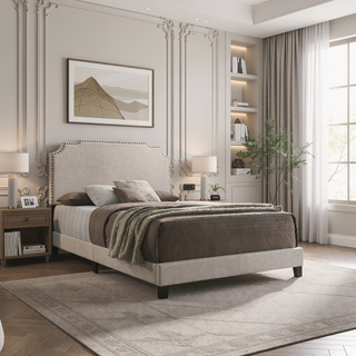Sunvega Art Deco Inspired Queen Panel Bed with Nailhead Trim and Matte Metallic Finish
