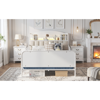Sunvega Kids Full Metal Bed with Upholstered Headboard LED Lights and Storage