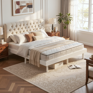 Sunvega Modern Floating Platform Bed Frame in Walnut with Sturdy Wood Construction