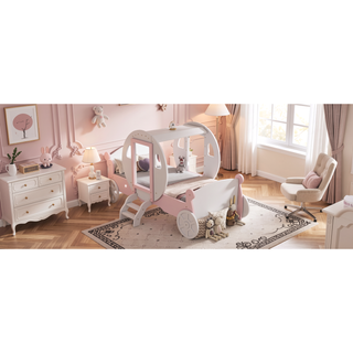 Sunvega Twin Size Princess Carriage Bed with Crown Wood Platform and Stair