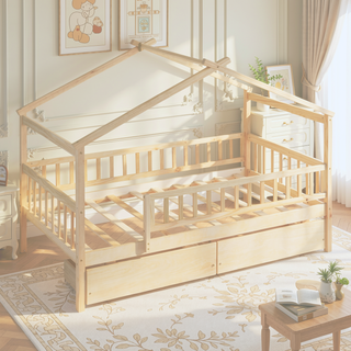 Sunvega Twin Size Wooden House Bed with Two Drawers and Headboard in White