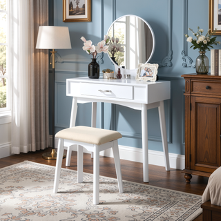 Sunvega Gold Modern Wood Vanity Set with Round Mirror and Matching Stool